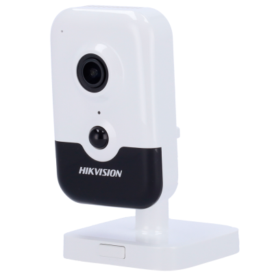 Câmara de vigilância Hikvision branca e preta com base quadrada branca