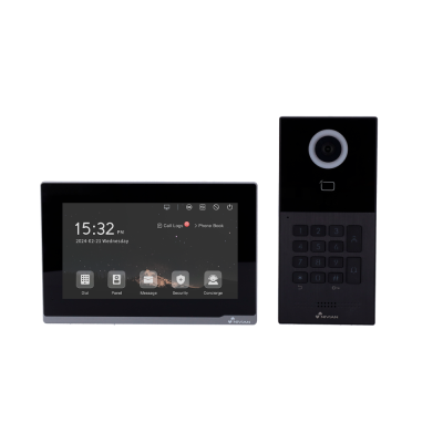 Intercomunicador digital com monitor tátil e unidade externa preta com câmera e teclado numérico