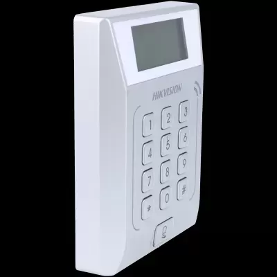 Teclado de controlo de acesso HIKVISION branco com visor e teclas numéricas.