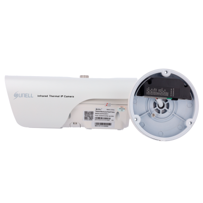 Câmara infrared thermal IP branca da Sunell vista de lado com conetor LAN