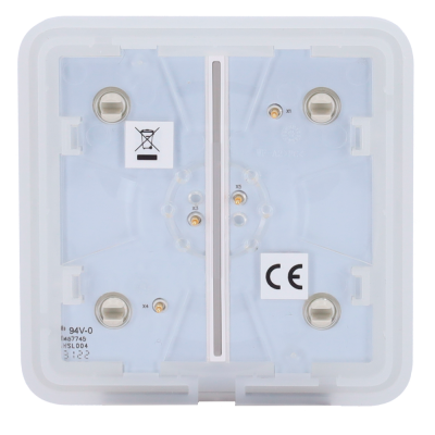 Base plástica translúcida quadrada com terminais metálicos e símbolos CE