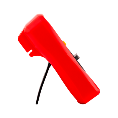 Alicate amperímetro digital vermelho com visor e botões coloridos