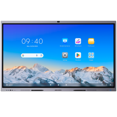 Ecrã digital interativo HIKVISION com menus visíveis e imagem de montanhas nevadas