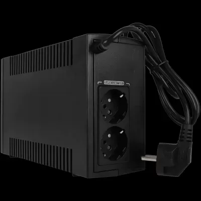 Sistema de alimentação ininterrupta preto com tomadas tipo europeu e cabo elétrico.