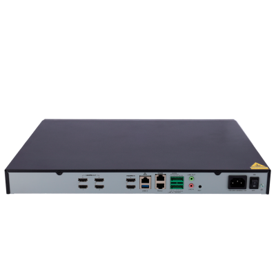 Imagem da parte traseira de um equipamento eletrónico com várias portas de entrada e saída.