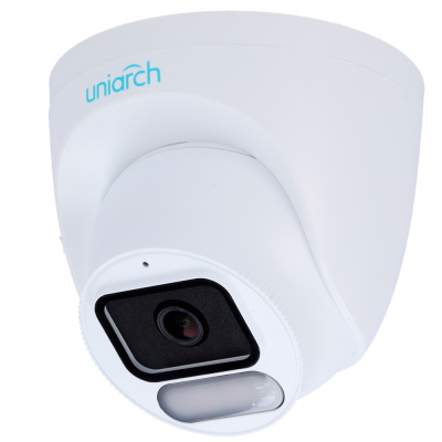 Câmara de vigilância branca uniarch com lente preta e luz LED.