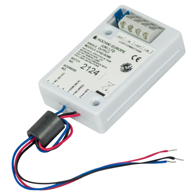 Módulo eletrónico branco HOCHIKI EUROPE com fios vermelho, preto e azul