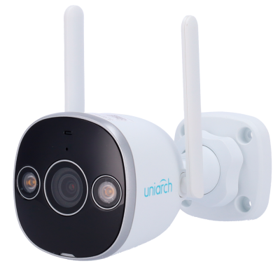 Câmara de segurança exterior branca e preta com antenas e fixação de parede.