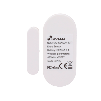 Sensor de entrada branco NIVIAN com etiqueta e texto técnico