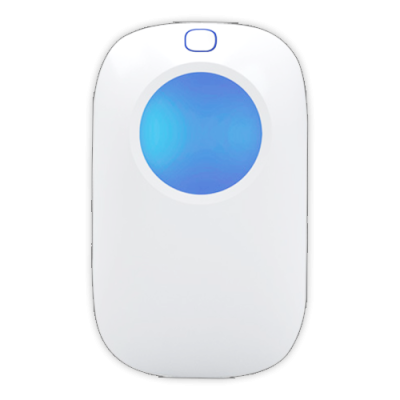 Dispositivo retangular branco com botão azul quadrado e círculo azul central