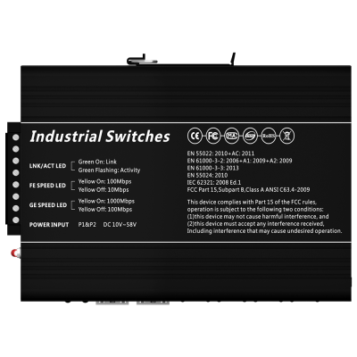 Painel de equipamento eletrónico preto com texto branco e indicadores LED