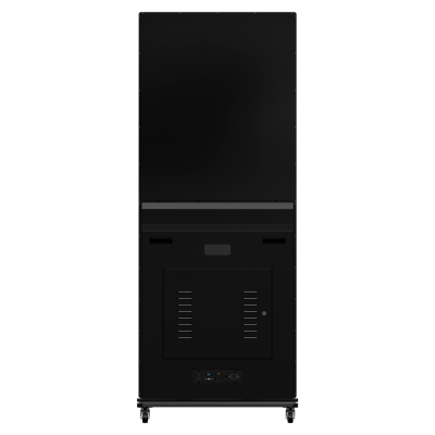 Painel digital ou monitor grande formato preto visto de trás com suporte e conectores
