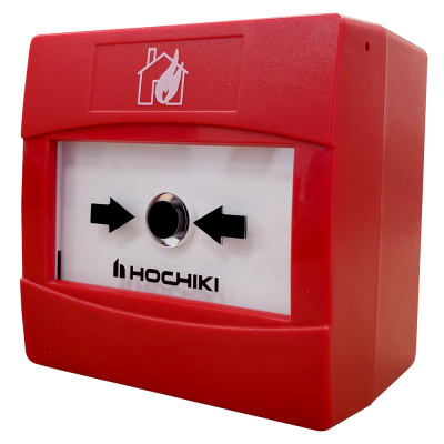 Dispositivo manual de alarme de incêndio vermelho com botão e símbolo de casa em chamas