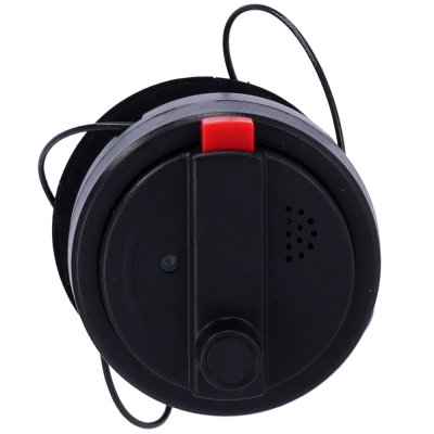 Carretel preto redondo com botão, orifícios triangulares e ressalto vermelho