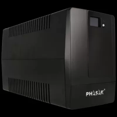 UPS preta retangular com entrada de ar, visor digital e botão, texto PHASAK na base
