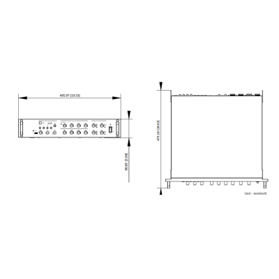 Desenho técnico de equipamento eletrónico com medidas em mm e polegadas