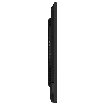 Monitor preto fino visto de lado com portas de conexão