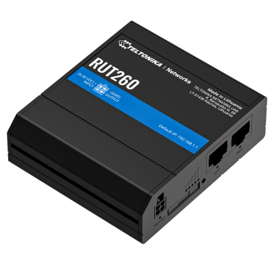 Dispositivo Teltonika RUT260 preto com etiquetagem azul e preta e portas Ethernet