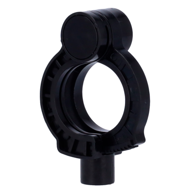 Acessório plástico preto circular com anel central e parte destacada no topo