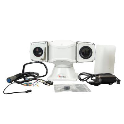 Câmara de vigilância industrial branca com duas lentes e acessórios