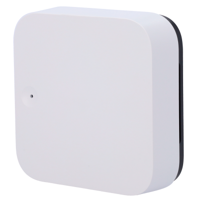 Equipamento eletrônico branco com cantos arredondados e detalhe preto na lateral