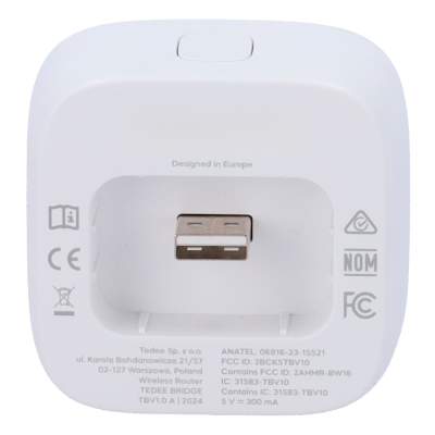 Base de carregamento branca para router wireless com conector USB e texto