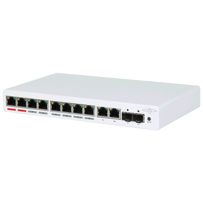 Switch de rede branco com várias portas RJ45 e duas portas SFP