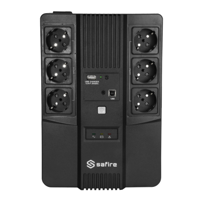 Nobreak preto Safire com seis tomadas tipo europeu e painel central com USB e LED