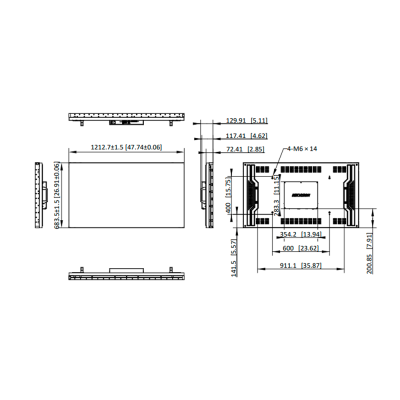 Desenho técnico de monitor com dimensões e vista frontal, lateral e traseira.