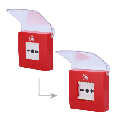 Dispositivo de alarme de incêndio vermelho com tampa transparente aberta e fechada