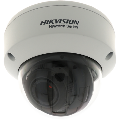 Câmara de segurança dome branca com cúpula escura e texto HIKVISION HiWatch Series