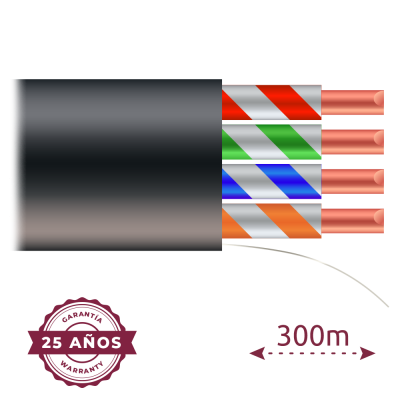 Cabo elétrico com 4 condutores coloridos e selo de garantia 25 anos, comprimento 300 metros