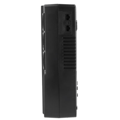 Aparelho eletrônico preto com duas portas e texturas em relevo lado direito