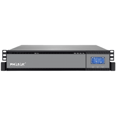 Aparelho eletrónico PHASAK preto com painel cinza e visor azul digital