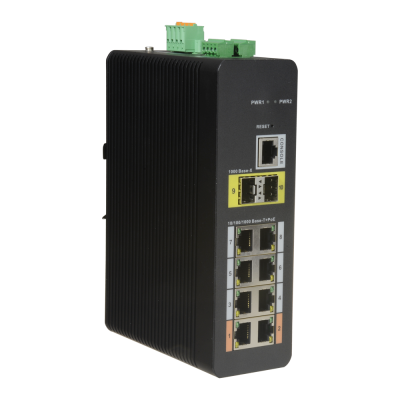 switch de rede preto com várias portas Ethernet e etiquetas amarelas e brancas