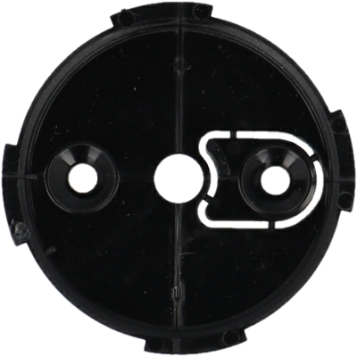 Peça redonda preta de plástico com orifícios e corte irregular