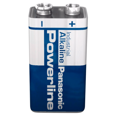 Pilha industrial alcalina Panasonic Powerline com terminais no topo.