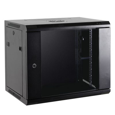 Armário de rede preto com porta de vidro fumado e fechadura