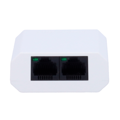 Adaptador de rede branco com duas portas RJ45 negras e indicadores verdes