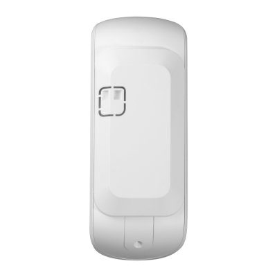 Dispositivo eletrônico branco com botão retangular central e símbolo em relevo