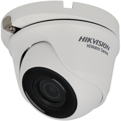 Câmara de segurança domo branca com lente preta e texto HIKVISION HiWatch Series