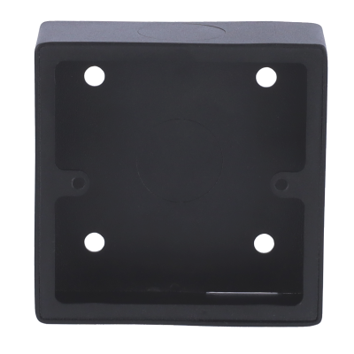Caixa plástica quadrada preta com quatro furos circulares.