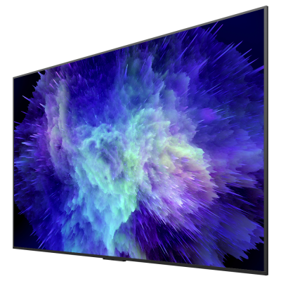Televisão plana com imagem abstrata colorida azul e verde