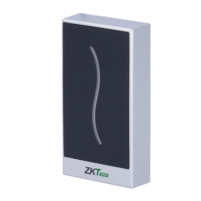 Leitor de controlo de acesso ZKTeco cinza com frontal preto e fios coloridos.