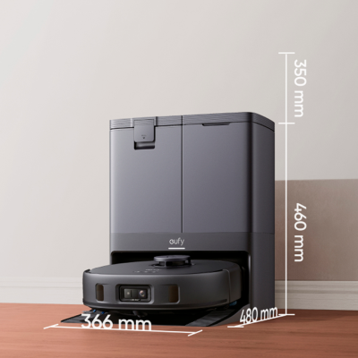 Robô aspirador de pó preto com base de carregamento e medidas indicadas.