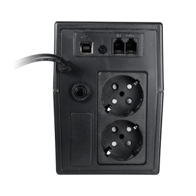 Dispositivo preto com duas tomadas elétricas, três portas RJ45 e uma porta USB