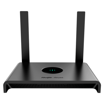 Roteador wireless preto com duas antenas e indicador luminoso verde