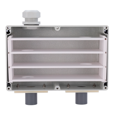 Caixa elétrica branca com prateleiras e conexões em plástico e metal