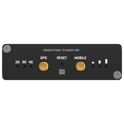 Painel frontal de equipamento eletrônico com conectores e indicadores.