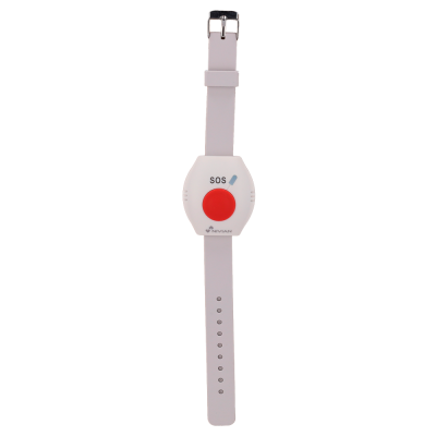 Relógio de pulso branco com botão SOS vermelho e bracelete cinza claro.